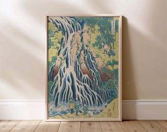 Vintage Green Japanese Waterfall Art – Hokusai Kirifuri Falls | Nature Woodblock Japandi Wall Art | Oversized Landscape Print
