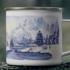 Enamel Camping Mug, Watercolor Winter River Scene, Nature Lover Gift, Outdoor Mug with Deers, Camping Coffee Cup, Adventure Wildlife Mug
