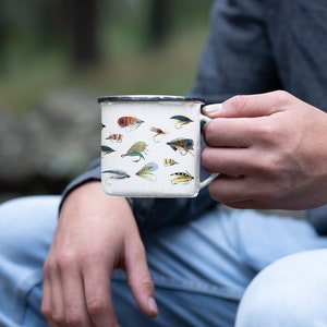 Fly fishing lure enamel mug, watercolor wet fly trout fishing lure mug, nature illustration, gift for him, outdoor fishing cup