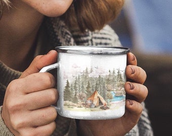 Watercolor Camp Scene Enamel Camping Mug - Outdoor Adventure Camping Coffee Cup, Pine Trees Nature Stream Campfire Enamelware, Campfire
