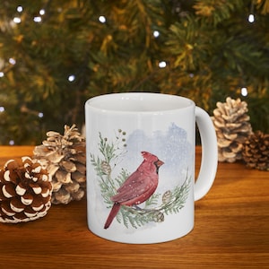 Cardinal Watercolor Ceramic Mug, Christmas Coffee Cup, Winter Tea Mug, Holiday Drinkware Gift, Bird Lover Kitchen Decor