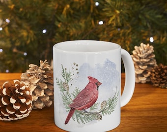 Cardinal Watercolor Ceramic Mug, Christmas Coffee Cup, Winter Tea Mug, Holiday Drinkware Gift, Bird Lover Kitchen Decor