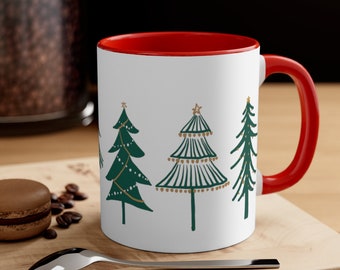 Christmas tree mugs, boho pine tree two color accent coffee mug, Christmas tree tea cups, Christmas gift, xmas holiday gift