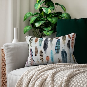 watercolor feather Polyester Lumbar Pillow, throw pillow, outdoor pillow, patio pillow