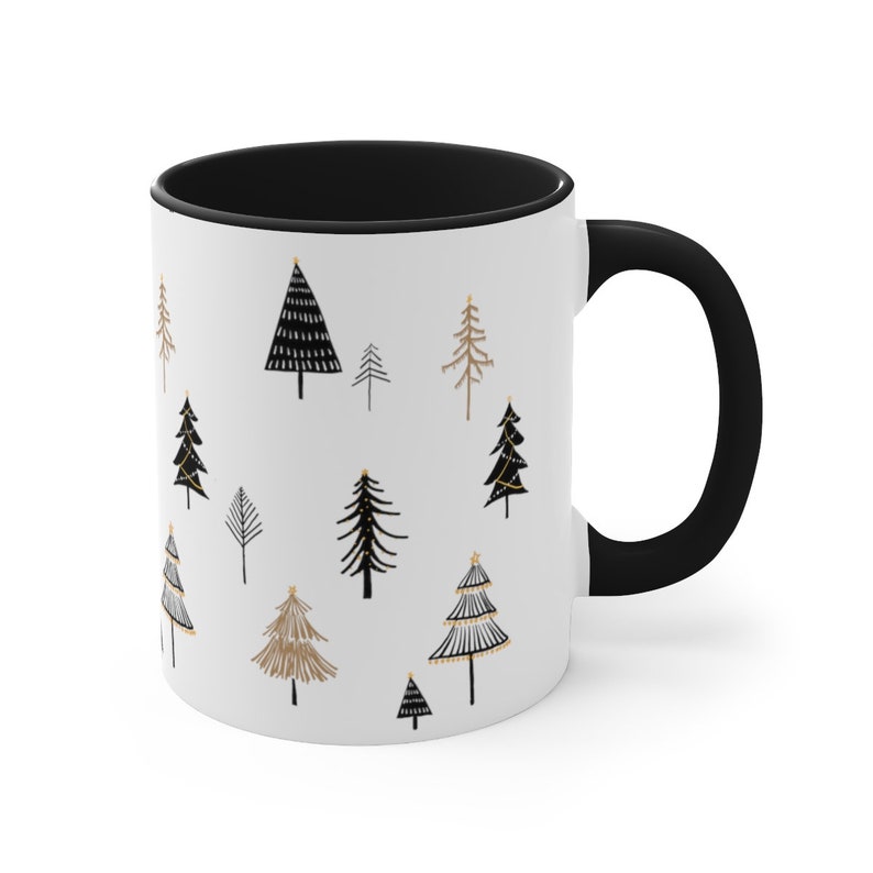 Black and gold minimalist christmas tree mugs, boho pine tree two color accent coffee mug, Christmas tree tea cups, Holiday gift image 4