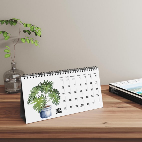 Watercolor Houseplant Desktop Calendar, Indoor Plant Illustration Monthly Planner, Monstera, Fig, Cactus, Gift for Plant Lovers, Office