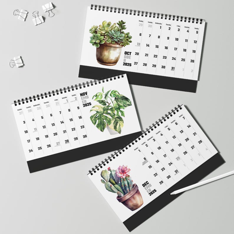 Watercolor Houseplant Desktop Calendar, Indoor Plant Illustration Monthly Planner, Monstera, Fig, Cactus, Gift for Plant Lovers, Office image 8