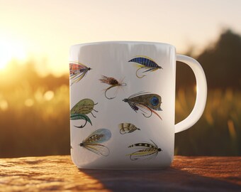 Fly fishing lure ceramic mug, watercolor wet fly trout fishing lure cup, nature illustration, gift for him, outdoor fishing cup