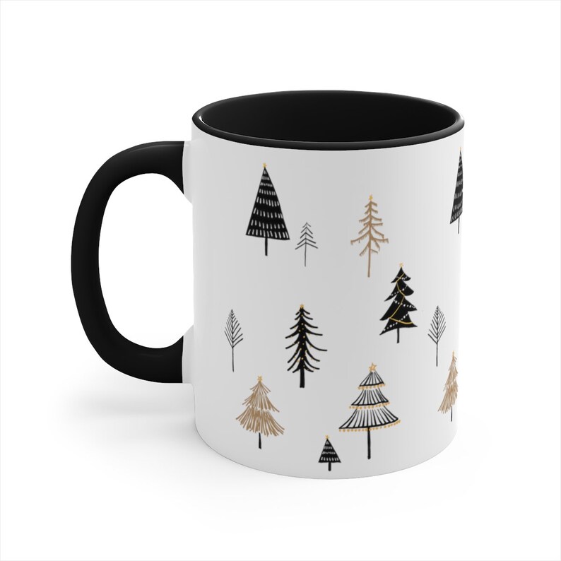 Black and gold minimalist christmas tree mugs, boho pine tree two color accent coffee mug, Christmas tree tea cups, Holiday gift image 3