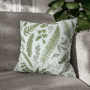 Watercolor Fern flower pattern pillow, moss and fern leave square pillow, pillow fill included, pillowcase