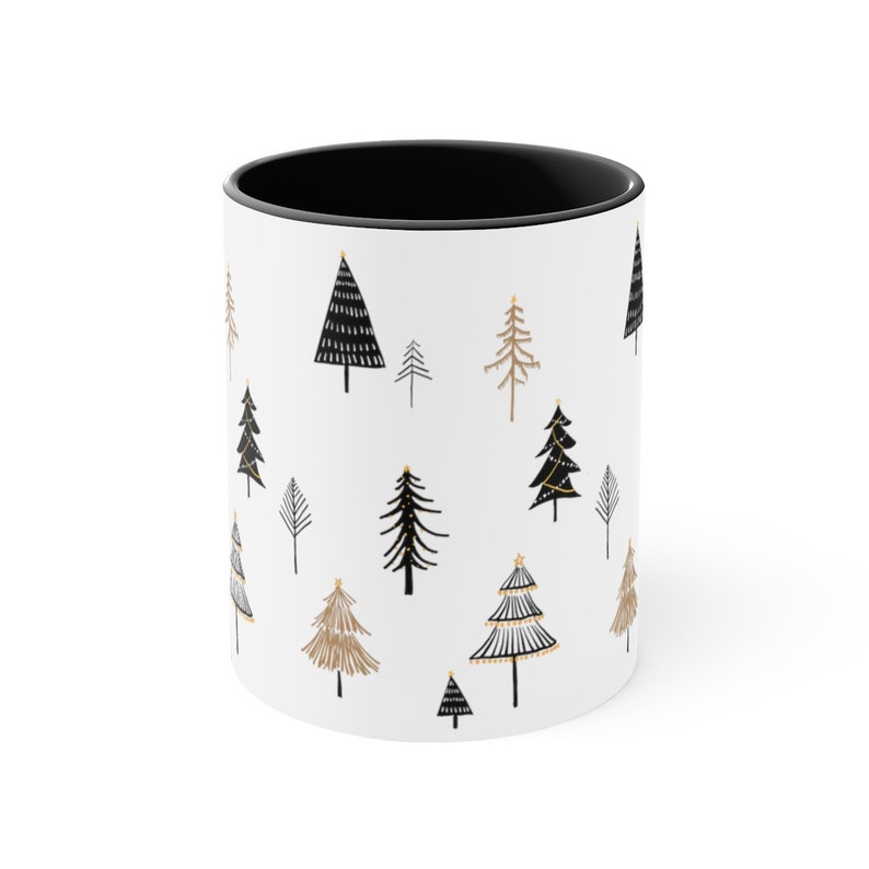 Black and gold minimalist christmas tree mugs, boho pine tree two color accent coffee mug, Christmas tree tea cups, Holiday gift image 2