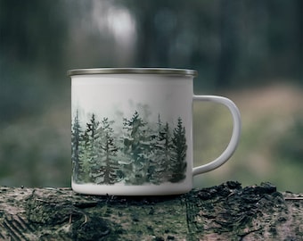 Watercolor pine tree illustration Enamel Camping Mug,  land scape painting, nature illustration camp fire mug