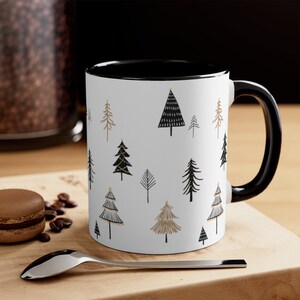 Black and gold minimalist christmas tree mugs, boho pine tree two color accent coffee mug, Christmas tree tea cups, Holiday gift image 1