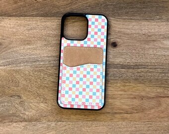 春のチェック柄の携帯ケース カードウォレット付き
