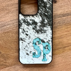 Turquoise & Hide initials phone case (NOT REAL COWHIDE)