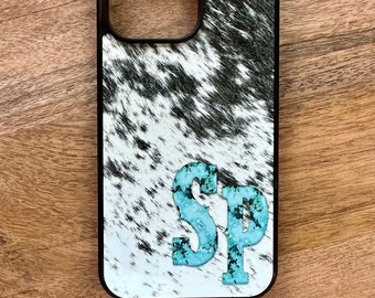 Turquoise & Hide initials phone case (NOT REAL COWHIDE)