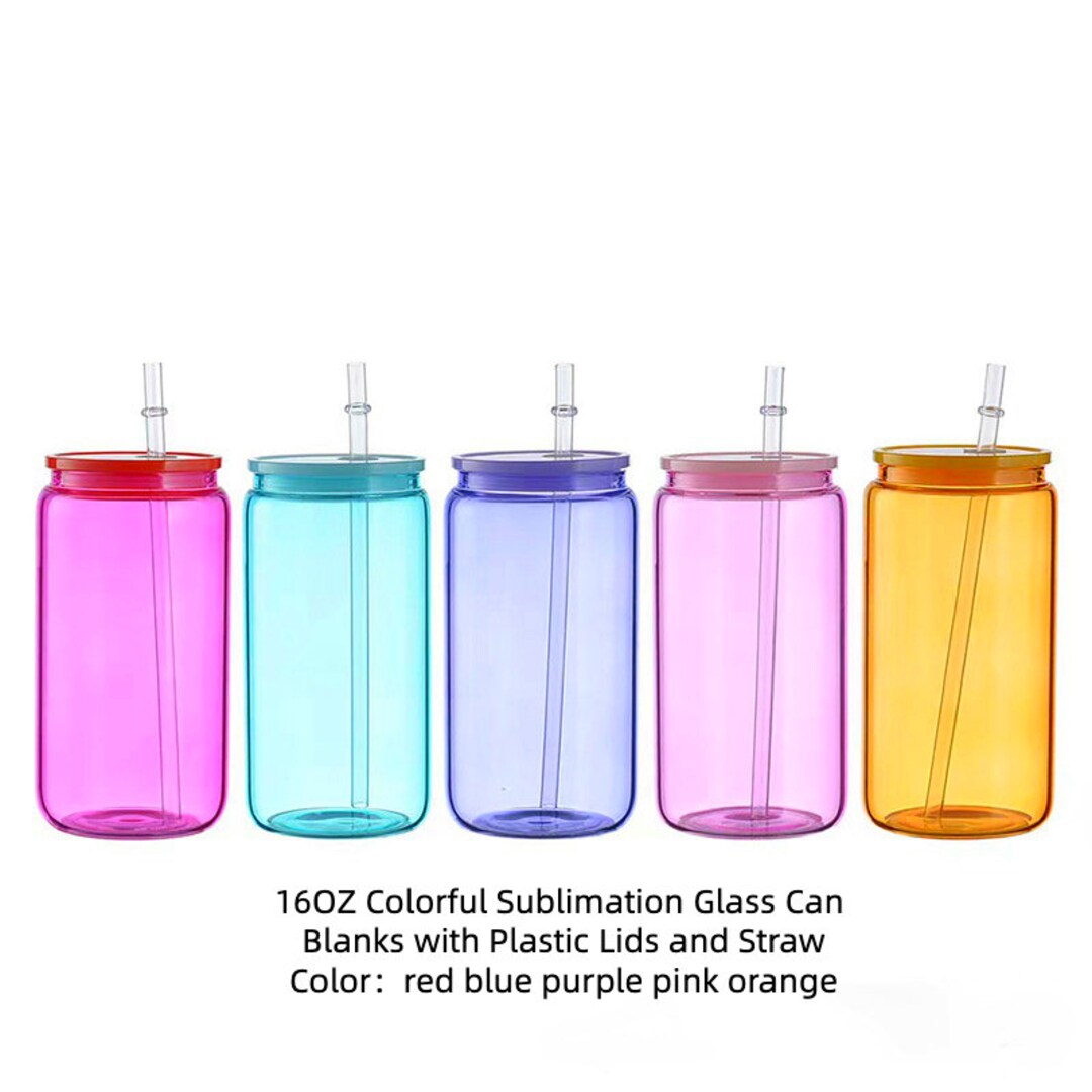16oz Colorful Clear Glass Cup With Lid and Glass Straw Etsy