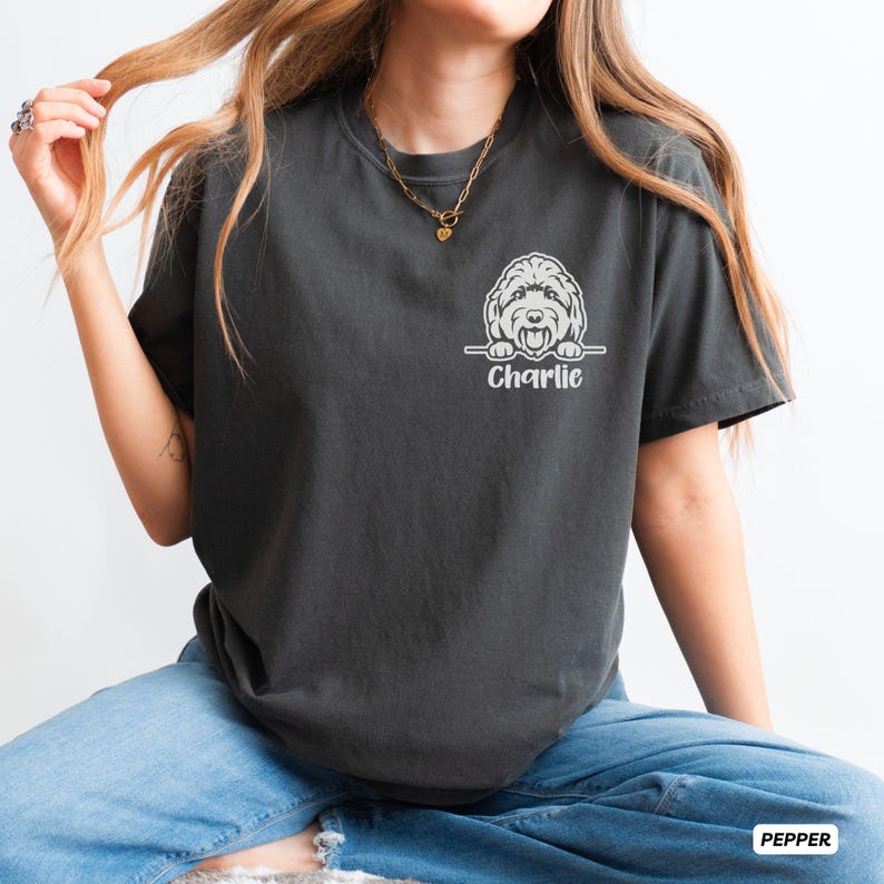 Doodle Mom Shirt, Personalized Dog Name Goldendoodle Mama Comfort Colors Tshirt, Pocket Design Custom Golden Doodle Gifts for New Dog Owner Pepper