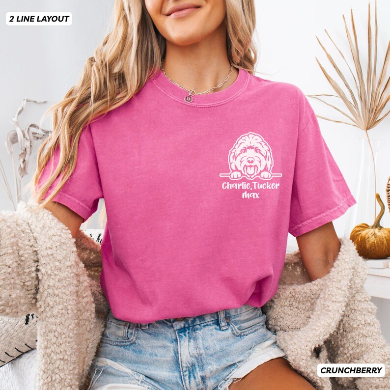 Doodle Mom Shirt, Personalized Dog Name Goldendoodle Mama Comfort Colors Tshirt, Pocket Design Custom Golden Doodle Gifts for New Dog Owner Crunchberry