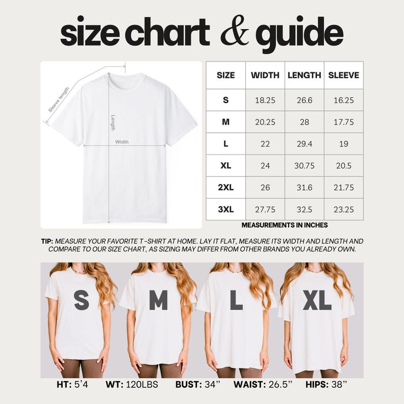 Op de afbeelding: Een maattabel voor een wit t-shirt, met een diagram met breedte-, lengte- en mouwmaten in inches. Een tabel toont de maten S tot 3XL met bijbehorende afmetingen. Vier afbeeldingen tonen het t-shirt in de maten S tot en met XL.