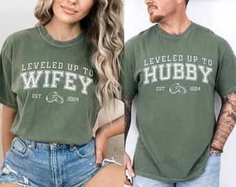 Comfort Colors Custom Couple Shirt Gift for Newlywed, Personalized Wifey and Hubby Shirt, Wedding Tshirt for Hubs and Wife, Honeymoon Tee