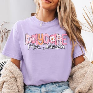 Custom Daycare Teacher Shirt, Personalized Teacher Name Shirt, Comfort Colors Day Care Teacher Tshirt, Leopard Flower Teacher Team T-shirt