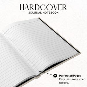 Puede incluir: Cuaderno de diario de tapa dura abierto con p&aacute;ginas rayadas y perforadas. La cubierta es de un color neutro claro, y el texto "HARDCOVER JOURNAL NOTEBOOK" est&aacute; impreso en la parte superior. Las p&aacute;ginas est&aacute;n dise&ntilde;adas para un f&aacute;cil desgarro cuando sea necesario.