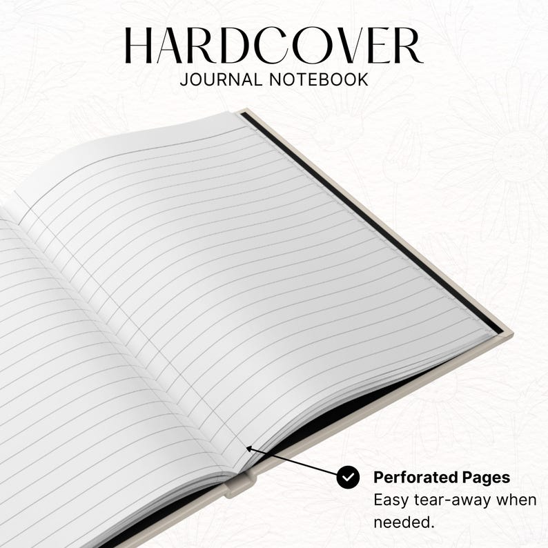 Puede incluir: Cuaderno de diario de tapa dura abierto con p&aacute;ginas rayadas y perforadas. La cubierta es de un color neutro claro, y el texto "HARDCOVER JOURNAL NOTEBOOK" est&aacute; impreso en la parte superior. Las p&aacute;ginas est&aacute;n dise&ntilde;adas para un f&aacute;cil desgarro cuando sea necesario.