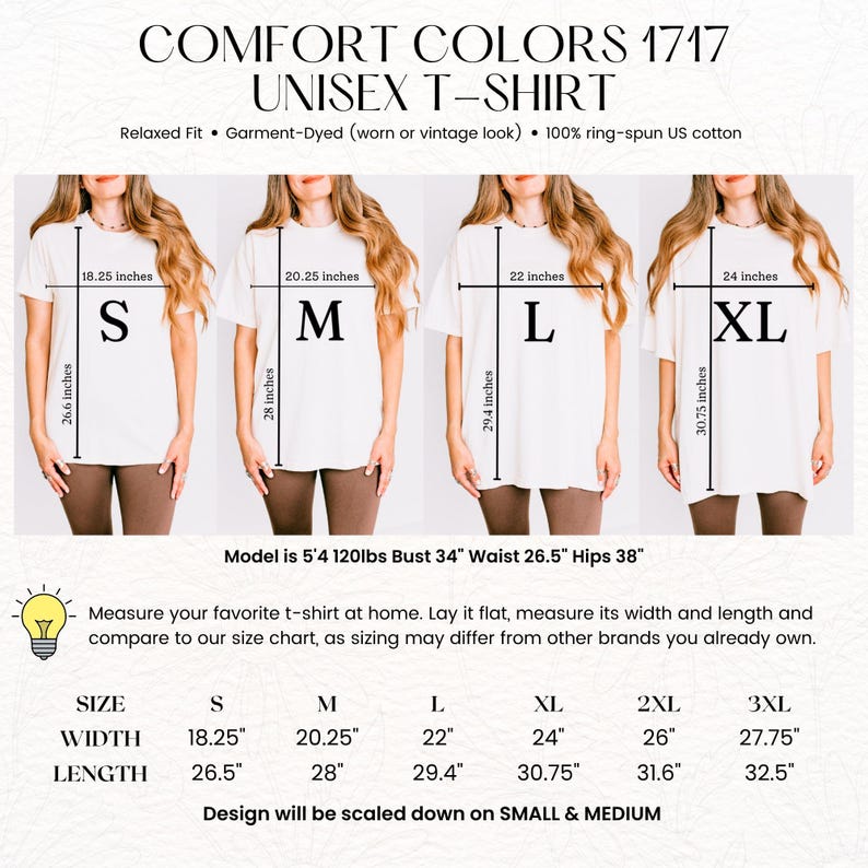 May include: White unisex Comfort Colors 1717 t-shirts in sizes S, M, L, and XL, displayed on models. The image includes a size chart with measurements in inches for width and length. The shirts are relaxed fit and garment-dyed.