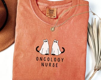 Oncology Nurse Halloween Shirt, Comfort Colors Onc Nurse Shirt, Cute Black Cat Ghost Shirt, Spooky Season Oncology RN Tshirt
