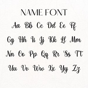 May include: A display of the alphabet in a cursive font, with each letter from A to Z shown. The text "NAME FONT" is at the top. The letters are in a dark color against a light background.