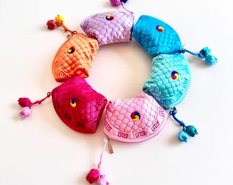 Traditional Korean Coin Pouch | Embroidered Mini Purse with Norigae Tassel | Multi-Color Cultural Gift Favor