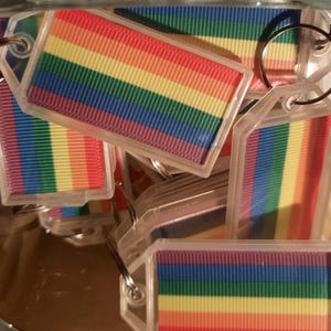 Pack of 50 or 100 Plastic Keychains Rainbow Flag Pride Gay LGBTQ Handmade with 2.5x5 cm Ribbon, Party, Parade, Ally