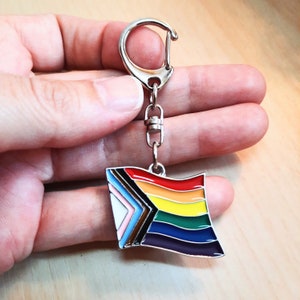 May include: A silver keychain with a rainbow pride flag charm. The flag has seven stripes of pink, light blue, white, black, brown, light blue, and dark blue. The flag is attached to a silver chain and a silver ring.