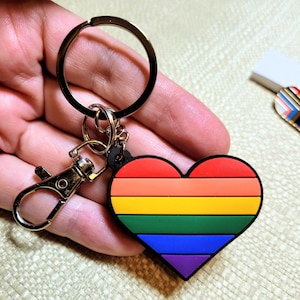 Rainbow Heart PVC Keychain Set and 16 Progress Pride Stickers, LGBTQ Pride, 1-3/4 x 1-1/2 inch