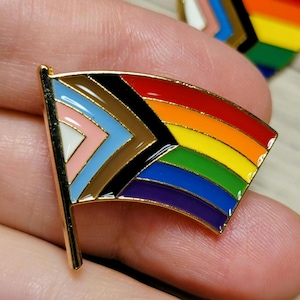 LGBTQ+ Progress Pride Flag Curved Pin in the Wind and 16 Progress Pride Stickers, Pin, Gay Pride