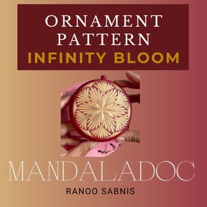 May include: A red round ornament with a gold infinity bloom pattern. The ornament is being held by a person's hands. The text "MANDALADOC RANOOSABNIS" is at the bottom of the image.