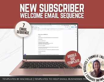 Könnte beinhalten: Ein Laptop-Computer zeigt eine Google Doc-Vorlage für eine 7-E-Mail-Sequenz für neue Abonnenten. Der Text auf dem Bildschirm lautet "EMAIL 1: Hier ist Ihr herunterladbarer Leitfaden". Das Bild enthält auch den Text "NEUER ABONNENT WILLKOMMEN E-MAIL-SEQUENZ" und "GOOGLE DOC-VORLAGE".