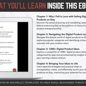 May include: A digital ebook cover with a blue and white background. The title is "What You'll Learn Inside This Ebook". The ebook is about selling digital products on Etsy. The cover includes a list of four chapters: "Why I Fell in Love with Selling Digital Products on Etsy", "Navigating the Digital Product Landscape", "1200+ Digital Product Ideas", and "Bringing Your Ideas to Life".