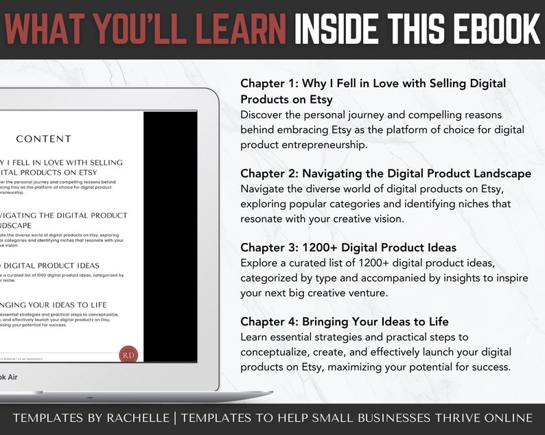 May include: A digital ebook cover with a blue and white background. The title is "What You'll Learn Inside This Ebook". The ebook is about selling digital products on Etsy. The cover includes a list of four chapters: "Why I Fell in Love with Selling Digital Products on Etsy", "Navigating the Digital Product Landscape", "1200+ Digital Product Ideas", and "Bringing Your Ideas to Life".
