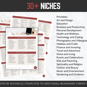 May include: A collage of printable templates for small businesses, featuring 30+ niches, including printables, art and design, education, business and productivity, personal development, health and wellness, technology and coding, photography and videography, hobbies and crafts, finance and investing, travel and adventure, home and living, events and celebrations, kids and parenting, spirituality and religion, fashion and beauty, music and entertainment, and gardening and outdoors.