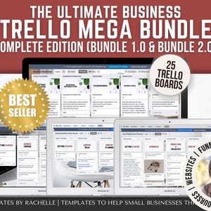 May include: A digital product bundle for small businesses featuring 25 Trello boards to help organize and manage business tasks. The bundle includes boards for websites, funnels, content, and more. The image shows a computer screen displaying a Trello board with the text "Getting Started" and "Website Purpose".