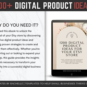 May include: A digital product ebook cover with a white background and a floral design. The title is "1200 Digital Product Ideas for Your Etsy Store". The text below the title says "Ideas, inspiration, and strategies to elevate your Etsy business with Canva templates, Etsy store templates, and more!"