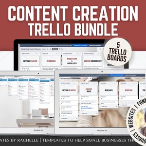May include: A digital marketing image showing five Trello boards for content creation. The boards are titled "Getting Started", "Resources", "Workflows & Checklists", "Content Repository", and "Branding". The image also includes a photo of a woman with the text "Websites | Funnels | Biz | Online Courses" on the right side.
