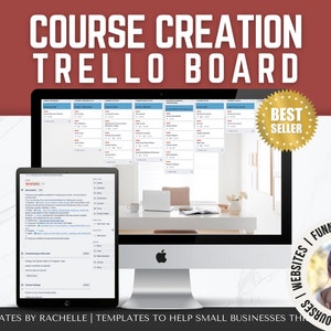 May include: A computer screen displaying a Trello board with the text "Course Creation Trello Board" and the words "Best Seller" in a gold star shape. The screen is on a desk with a laptop and a plant. The image also includes a woman's face in a circle with the text "Online Courses | Websites | Funnels | Biz".