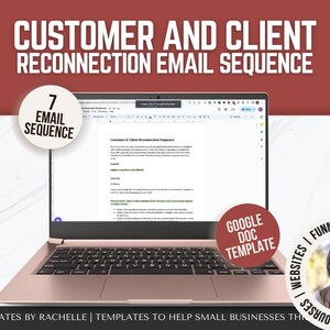 May include: A laptop computer displaying a Google Doc template titled "Customer & Client Reconnection Sequence". The template is a 7-email sequence for reconnecting with customers and clients. The laptop is on a pink surface with a red background. The text "GOOGLE DOC TEMPLATE" is in a red circle. The text "ONLINE COURSES | WEBSITES | FUNNELS | BIZ" is in a circle with a woman's face in the center.