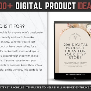 May include: A digital product ebook cover with a light pink background and a floral design. The title is "1200 Digital Product Ideas for Your Etsy Store". The text says "Ideas, inspiration, and strategies to elevate your Etsy business with Canva templates, Etsy store templates, and more!"