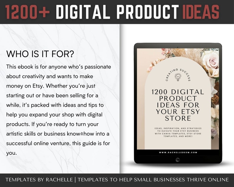 May include: A digital product ebook cover with a light pink background and a floral design. The title is "1200 Digital Product Ideas for Your Etsy Store". The text says "Ideas, inspiration, and strategies to elevate your Etsy business with Canva templates, Etsy store templates, and more!"