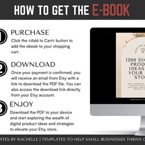 May include: A computer screen displaying a guide on how to get an e-book. The guide is titled "How to Get the E-Book" and has three steps: Purchase, Download, and Enjoy. The e-book is titled "1200 Digital Product Ideas for Your Etsy Store".