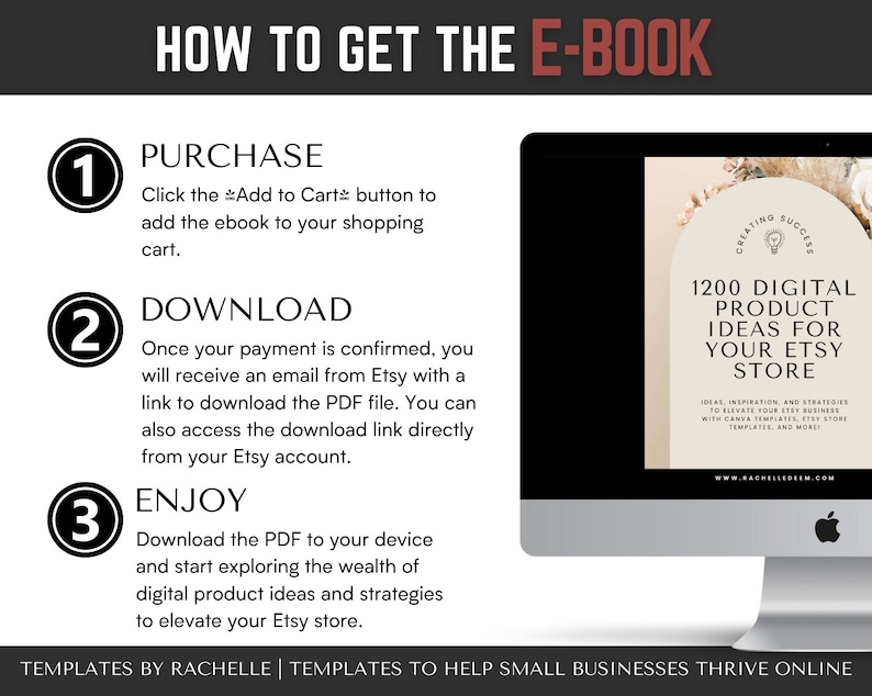 May include: A computer screen displaying a guide on how to get an e-book. The guide is titled "How to Get the E-Book" and has three steps: Purchase, Download, and Enjoy. The e-book is titled "1200 Digital Product Ideas for Your Etsy Store".